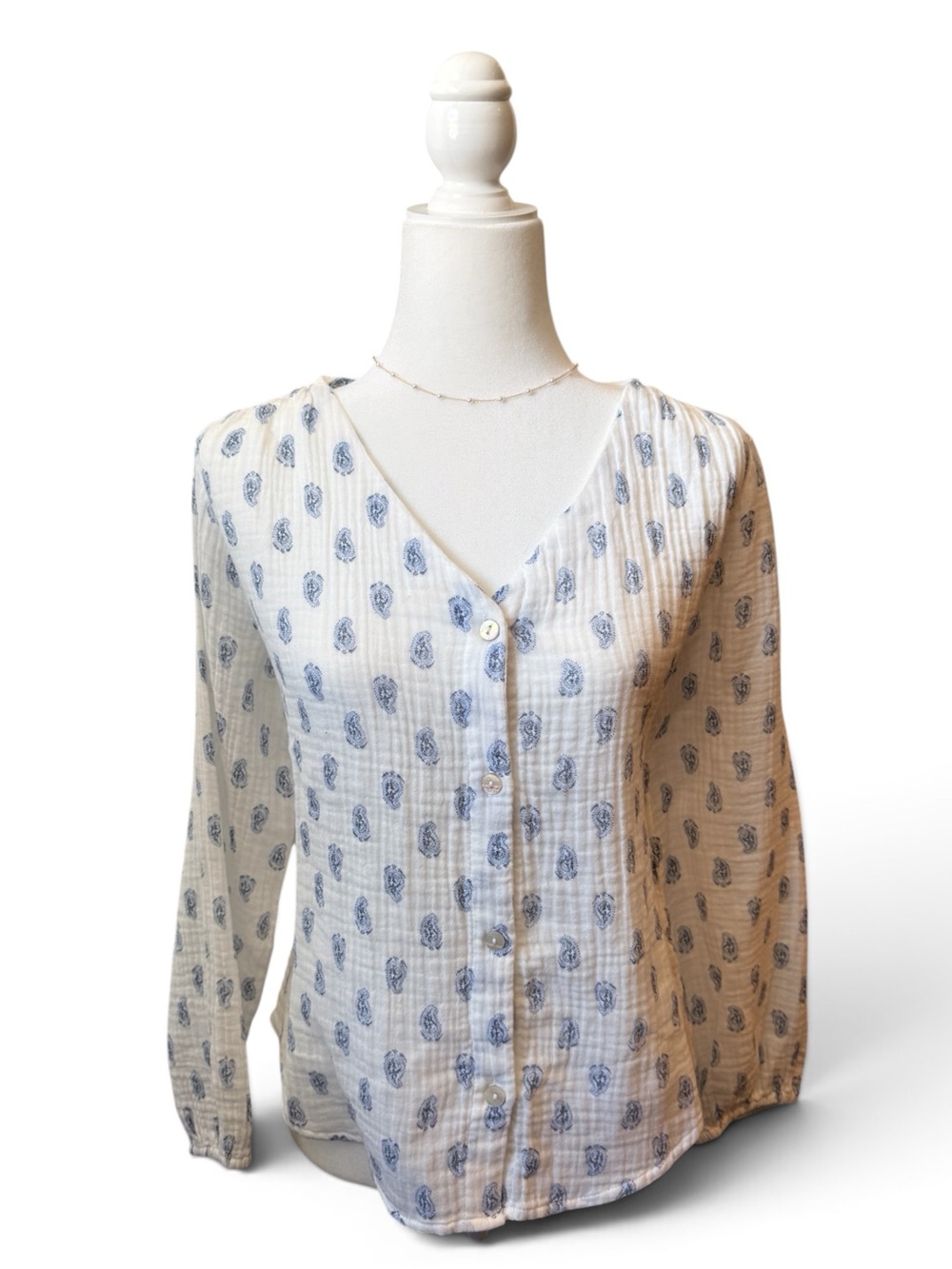 Lucky Brand White Button-Front V-Neck Top with Blue Paisley Print